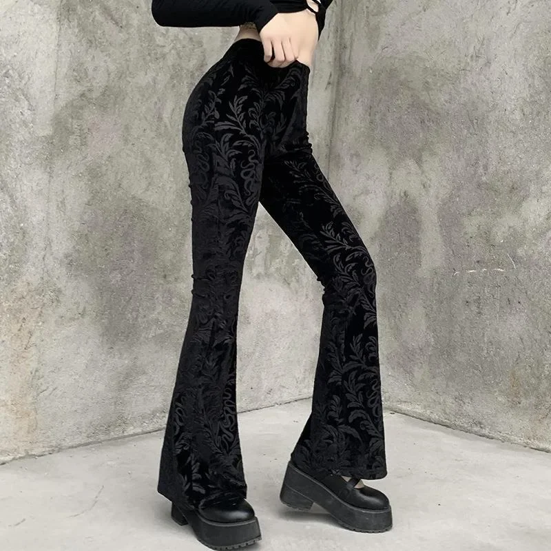 Mall Goth Flocking Velvet Women Pants Women Dark Gothic Harajuku Streetwear 90s High Waist Slim Aesthetic Skinny Leggings Punk