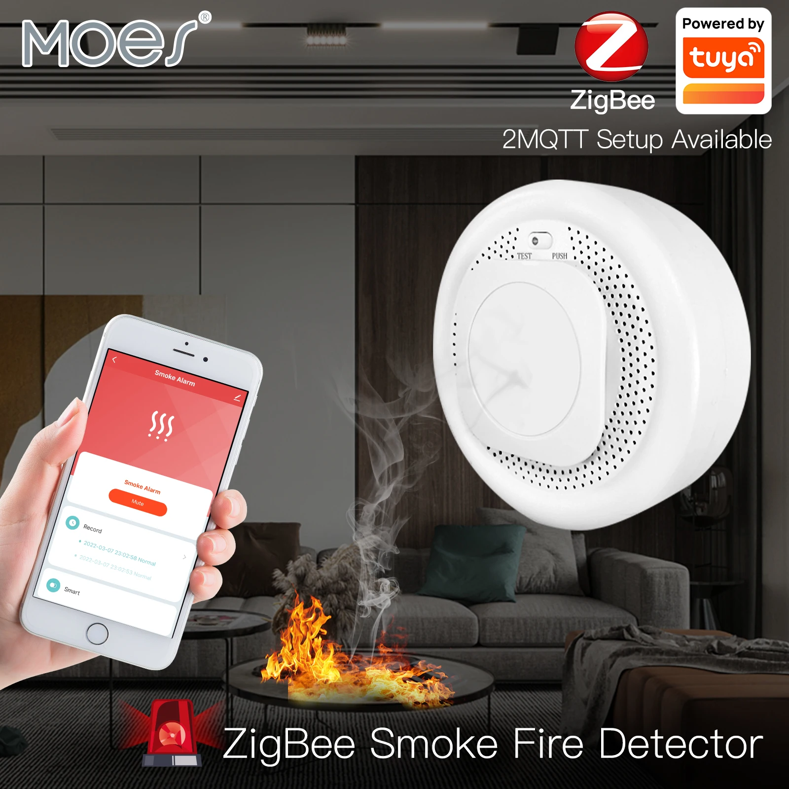MOES ZigBee Smoke Detector Tuya Smart Fire Alarm 85dB Sound Home Security Smoke Sensor