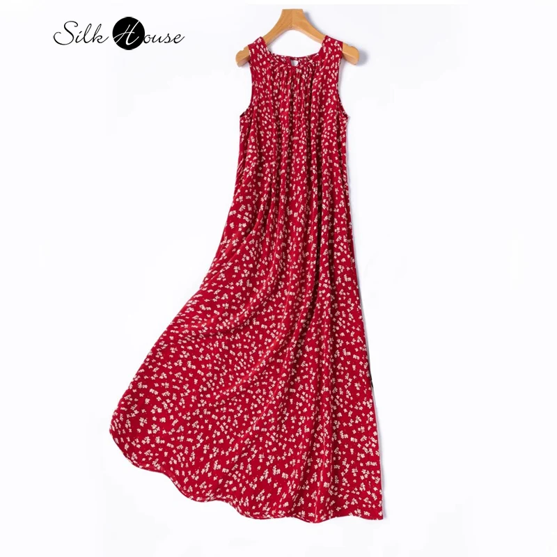 

Artistic Red Print Vacation Style 100% Natural Mulberry Silk Crepe De Chine Women's Round Neck Sleeveless Loose Dress