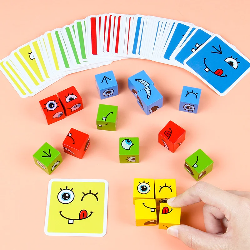 Cubo de mudança de rosto jogo de cartas de mesa montessori expressão quebra-cabeça blocos de construção brinquedos aprendizagem precoce jogo educacional brinquedo para crianças