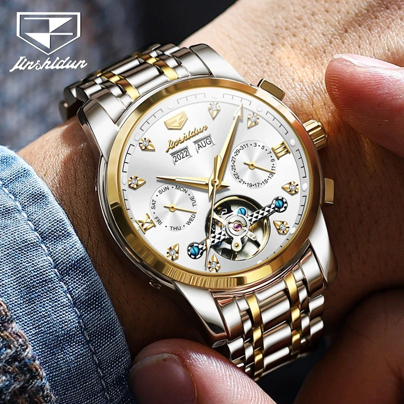 JSDUN 8942 Механические модные часы в подарок с круглым циферблатом из нержавеющей стали, ремешок для часов, наручные часы