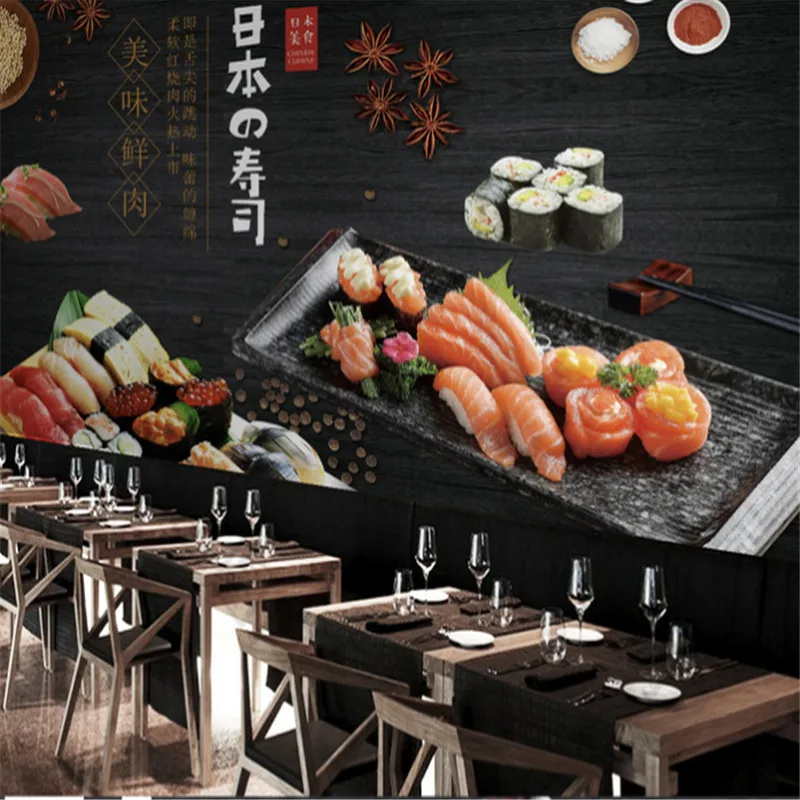 Modern Wallpapers Industrial Decor Japanese Sushi Gourmet Restaurant Black Background Wall Paper Mural Papel De Parede 3d