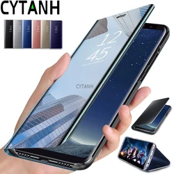 S24 FE Smart Mirror Flip Phone Case For Samsung Galaxy S25 Edge For Samsung S22 S23 S24 S25 Ultra PLUS Leather Stand Cover