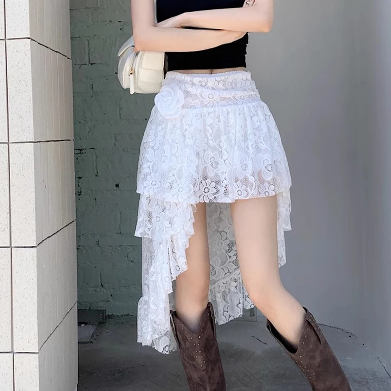 Vintage Appliques Skirt Hottie Streetwear Irregular Hem High Waist A Line Skirt Elegant White Ruffles Transparent Skirt