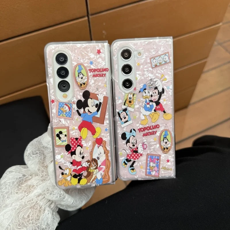 Luxury cute pink Shell Cartoon Funny Mickey Minnie Donald Duck Daisy Folding Phone Case For Samsung Z Fold 3 4 5 6 7 Cover﻿
