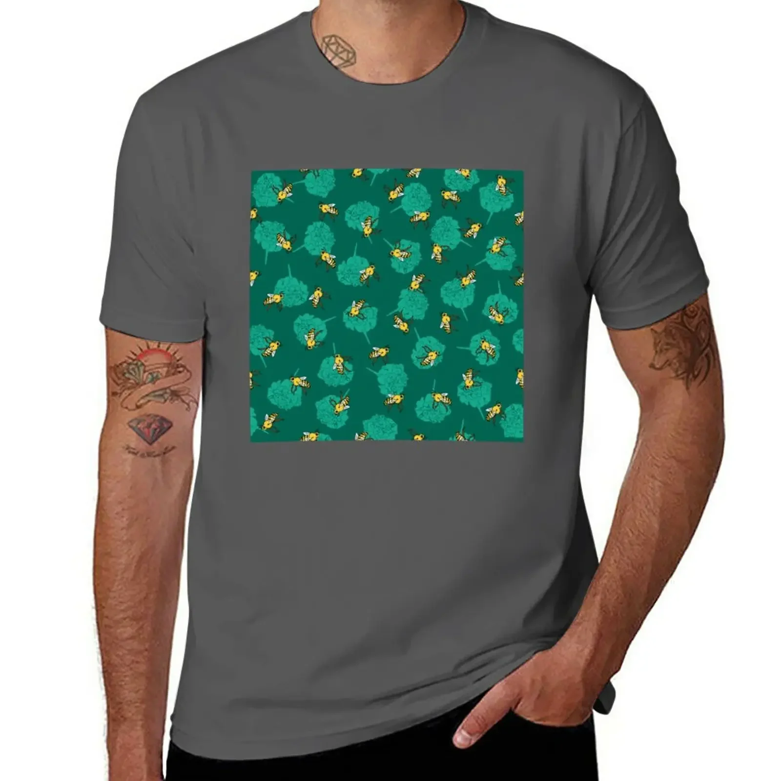 New Bees and marigold on green background T-Shirt plain t-shirt Oversized t-shirt mens t shirts casual stylish