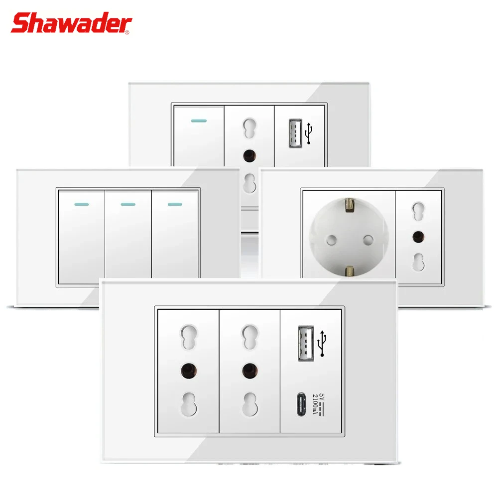 

Shawader Italy Switch Wall Sockets USB Type-C Chile Plug 16A Outlets Italian EU Power Socket Tempered Glass Panel Home Office