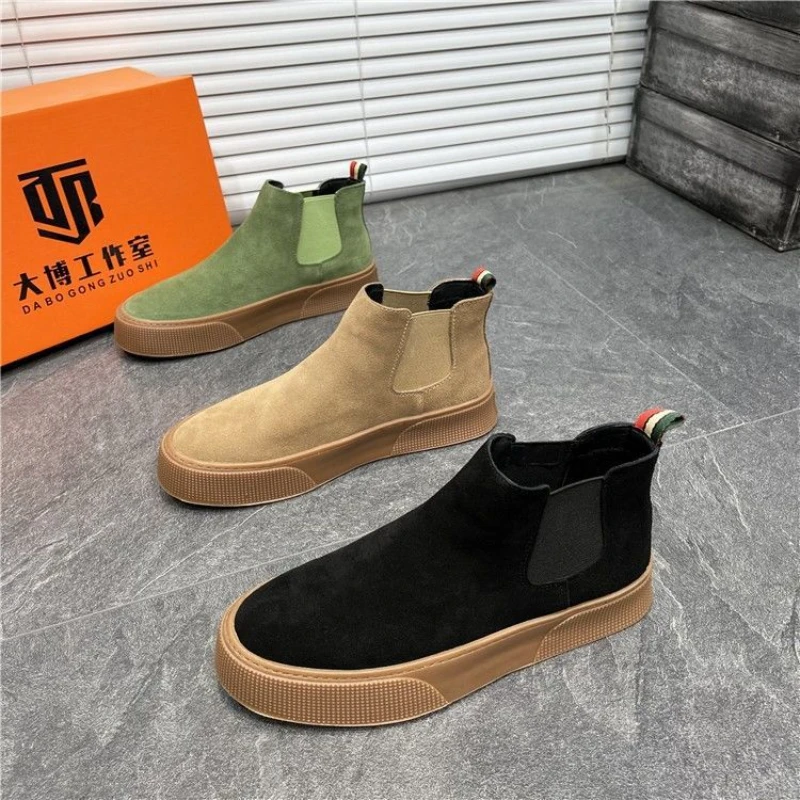 2022 Winter Men Leather Boots Slip-On Ankle Boots Suede Leather Designer Shoes Luxury Brand Flat Shoes High Quality Mens Loafers