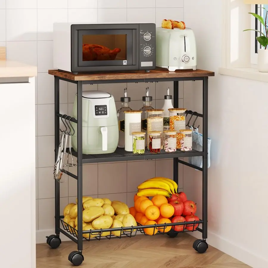 

Rolling Kitchen Microwave Cart 3 Tier Microwave Table Stand with Storage Basket and Hooks, Kitchen Utility Cart on Wheels, Coffe