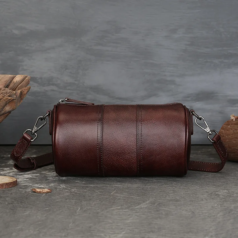 Genuine Leather Cylinder Crossbody Bag for Women, Vintage Brown Barrel Purse with White Stitching, Small Casual Shoulder Bag