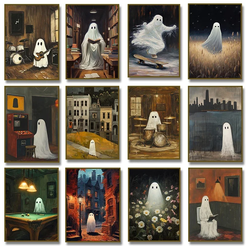 Póster de música de guitarra para monopatín, fantasma de Halloween, pintura en lienzo impresa, Academia oscura, Vintage, para decoración del hogar y la sala de estar