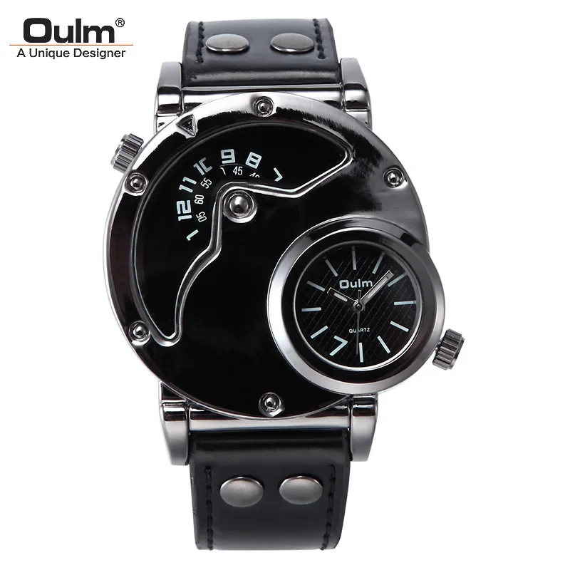 

Oulm Brand Fashion Mens Watch Dual Time Zone Quartz Movement Men's Watch Unique Design Male Quart Wristwatch Reloj Hombre