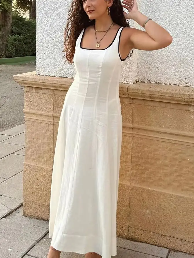 HH dames vakantiestijl chique rugloze lange jurk witte vierkante kraag rits vrouwelijke zomermode mouwloze jurken