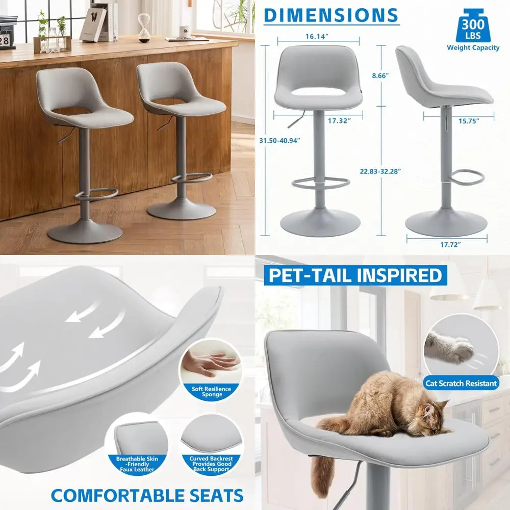 زوج من مقاعد البار القابلة للتعديل باللون الرمادي مع مقعد من الجلد الصناعي لارتفاع العداد