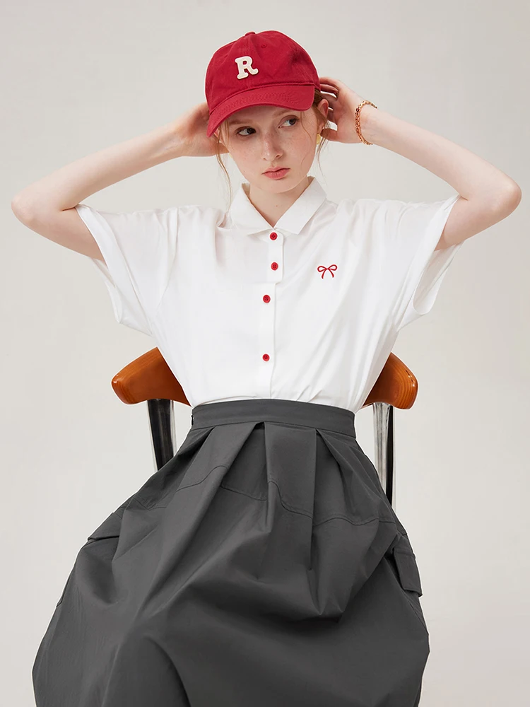 FSLE Women White Blouse Polo Neck Single Breasted Red Button Contrasting Color Female Short Sleeve Shirts Cotton Tops 24FS18055