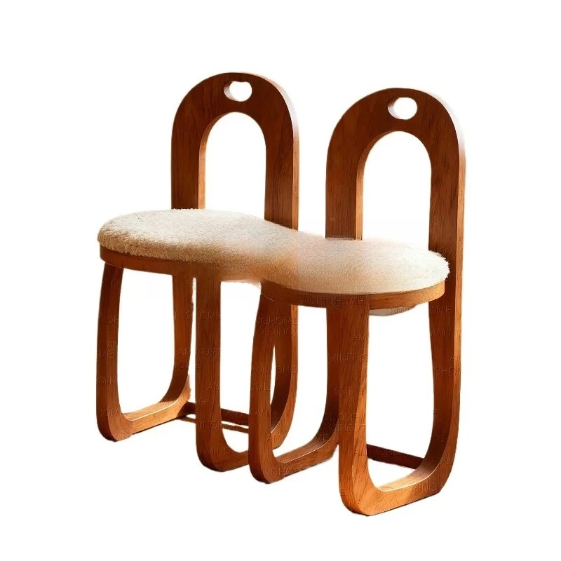 Cream Mid-Century Modern Dining Chair Solid Wood Study Seat Sheepskin Vanity Stool for Bedroom