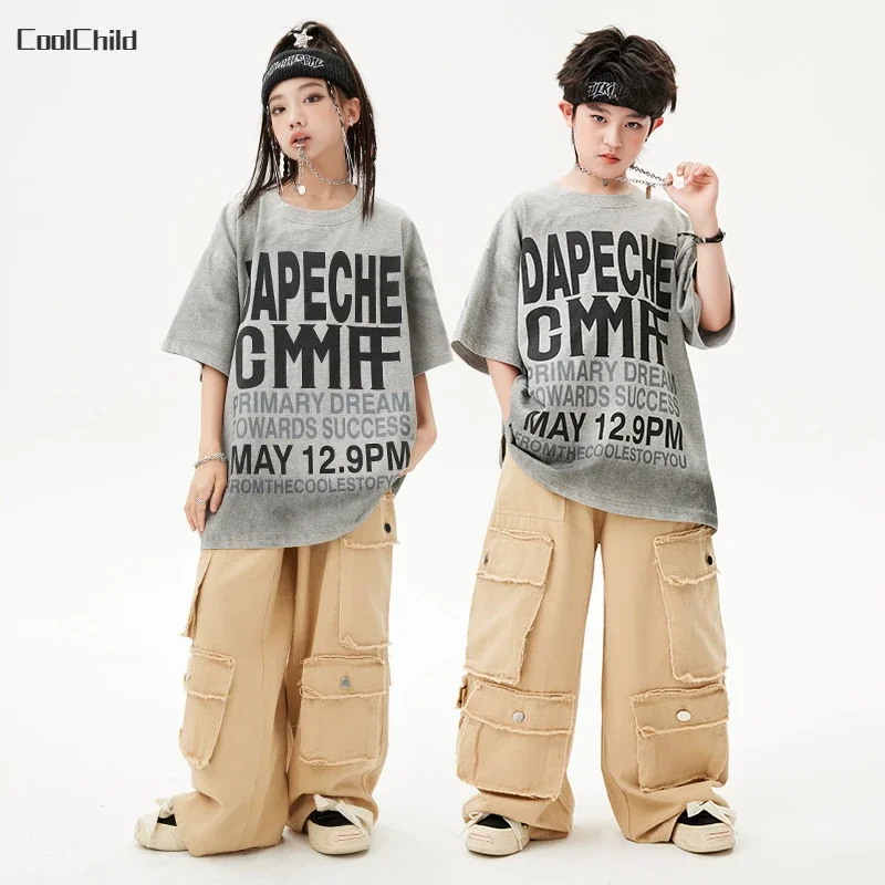 Hip Hop Boys Retro Loose T-shirt Cargo Pants Girls Street Dance K-pop Costumes Children Streetwear Kids Jazz Stage Clothes Sets