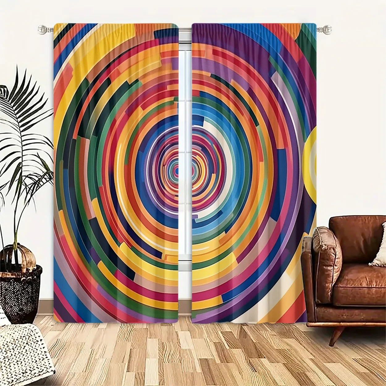 Rainbow Concentric Circle Curtain 2 Panels Color Block Swirl Abstract Background Master Bedroom Trendy Modern Home Decor