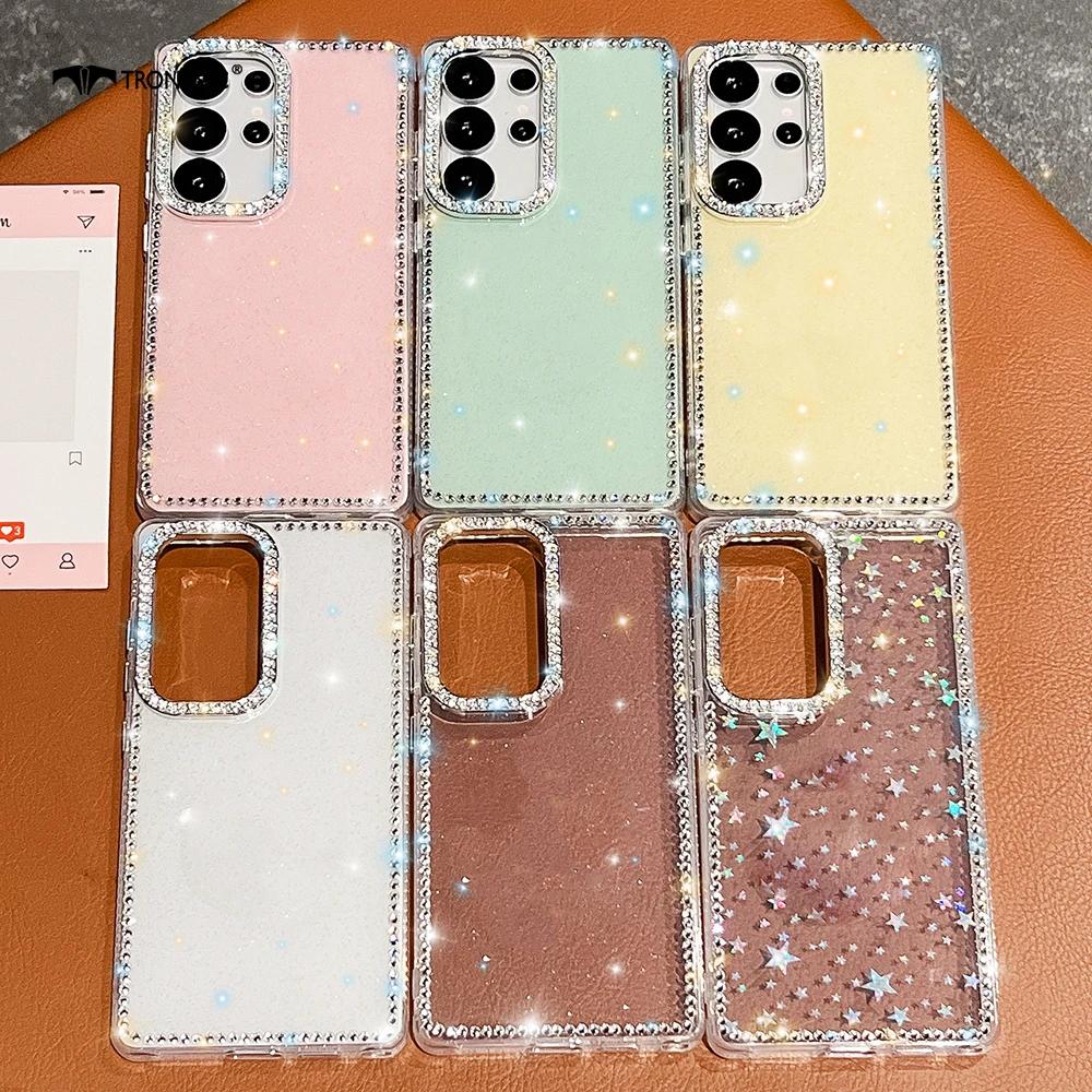 Sparkle Luxury Stars Phone Case for Samsung Galaxy S25 S24 Ultra Plus Soft Pink Fashion Couples Silicone Diamond 3D Candy Covers
