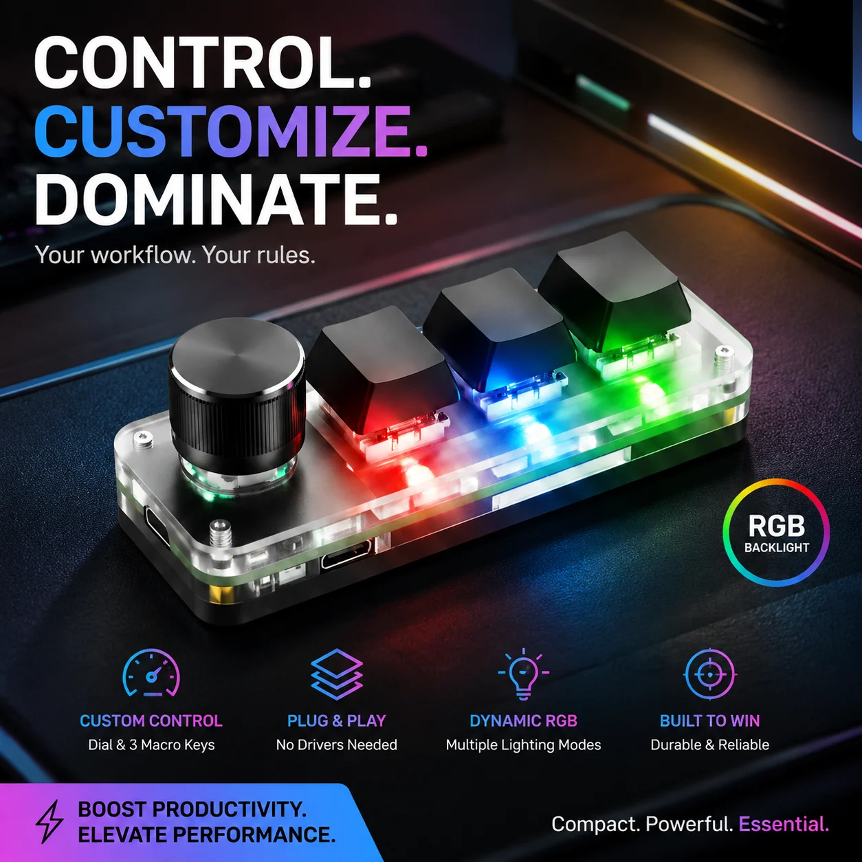 3-Keys Programmable Mechanical Mini Keyboard With Knob RGB Backlit Custom Shortcut Keypad With Macro For PC Editing/Office/Work