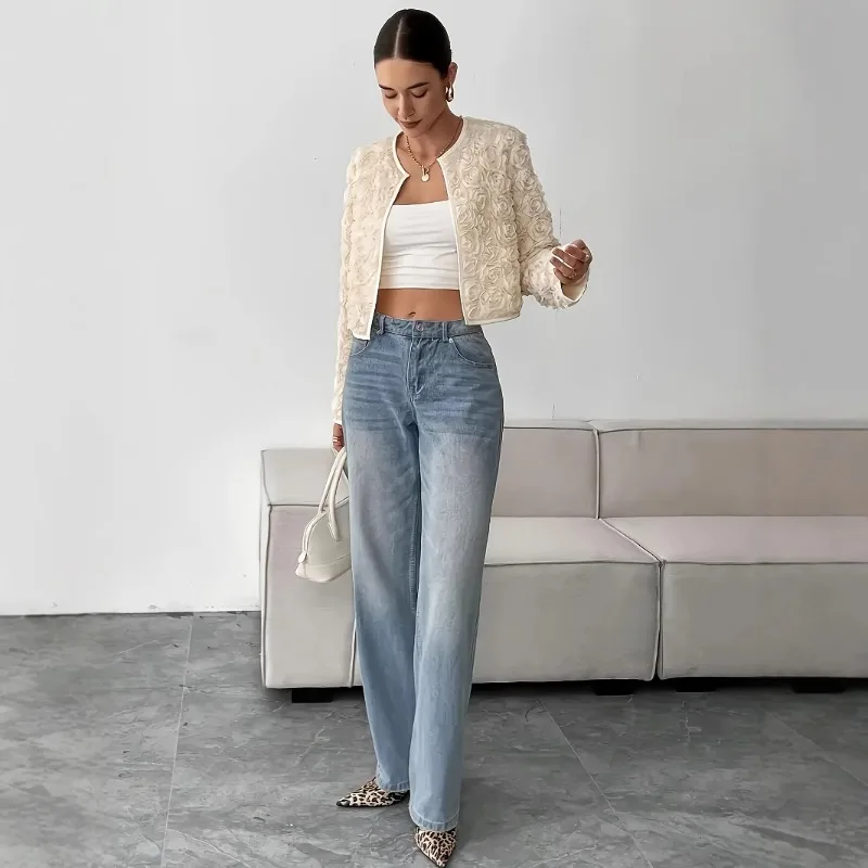 Fashion Solid Color Three-dimensional Flower Versatile Embroidered Flower Jacket Cardigan Short Top