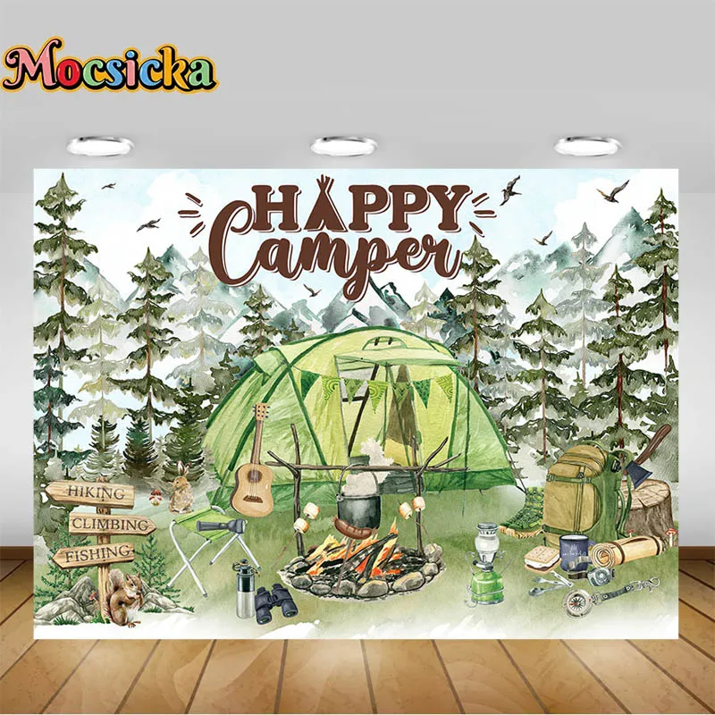 Mocsicka Camping Happy Photography Backdrops Tents Outdoor Goods Forest Children Boys Family Field Party Decorative Backdrops