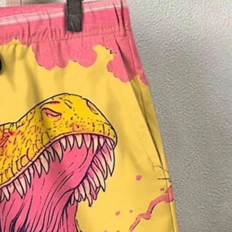 Colorful Men's Cat And Dinosaur Fantasy Art Print Shorts Boho Style Beach Drawstring Knee Length Bottoms Man Clothings Oversized