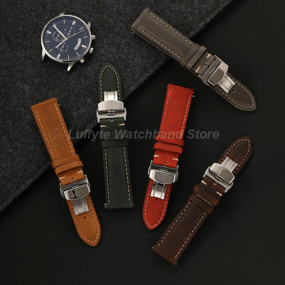 Herren-Uhrenarmband aus Crazy-Horse-Leder mit Schnellverschluss-Federstegen, 18mm 20mm 22mm, weiches, strapazierfähiges Ersatz-Uhrenarmband für Herren