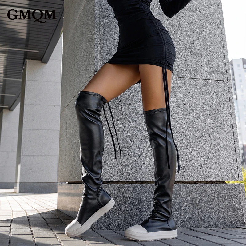 GMQM New Fashion Women\'s Long Boots Over The Knee Boots New Platform 2023 Slim Thigh High Boots Round Toe Slip-On Walking Shoes