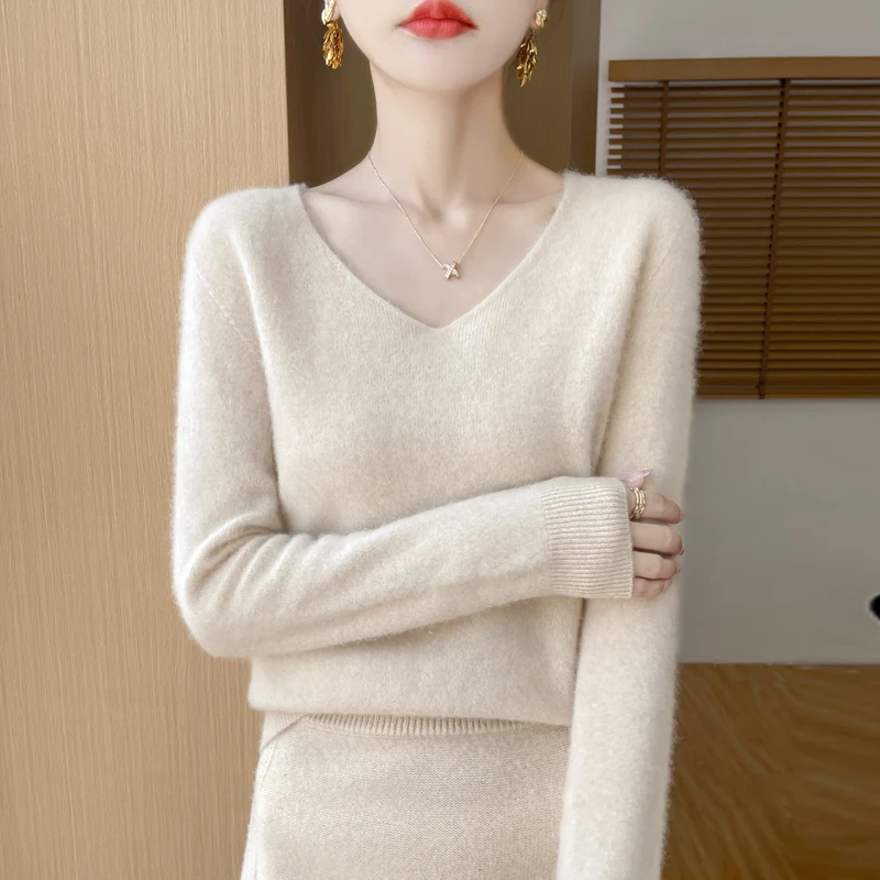 Women 100% Merino Wool Sweater V-Neck Basic Pullover Autumn Winter Cashmere Clothing Long Sleeve Soft Knitwear Tops Solid Color