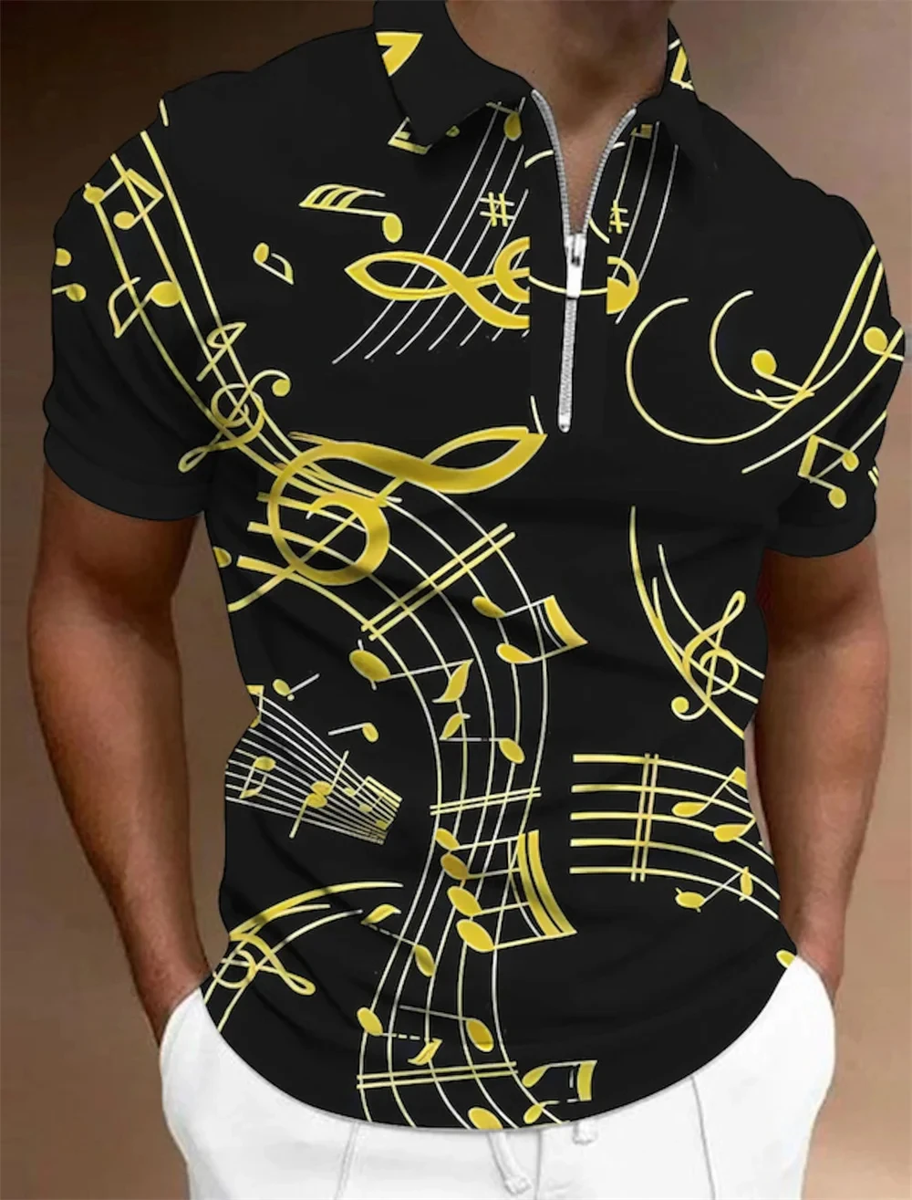 Men T-Shirt Zip Polo Men\'s Tops Golf Graphic Prints Music Notes Light Short Sleeves Zipper Print Clothing Apparel Fashion Casual