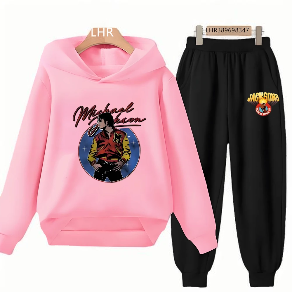 Black Michael Jackson Print Kids Hoodie Black Boy Girl Pink Clothing Casual Coat Top+Trousers Child Outdoors Set Autumn