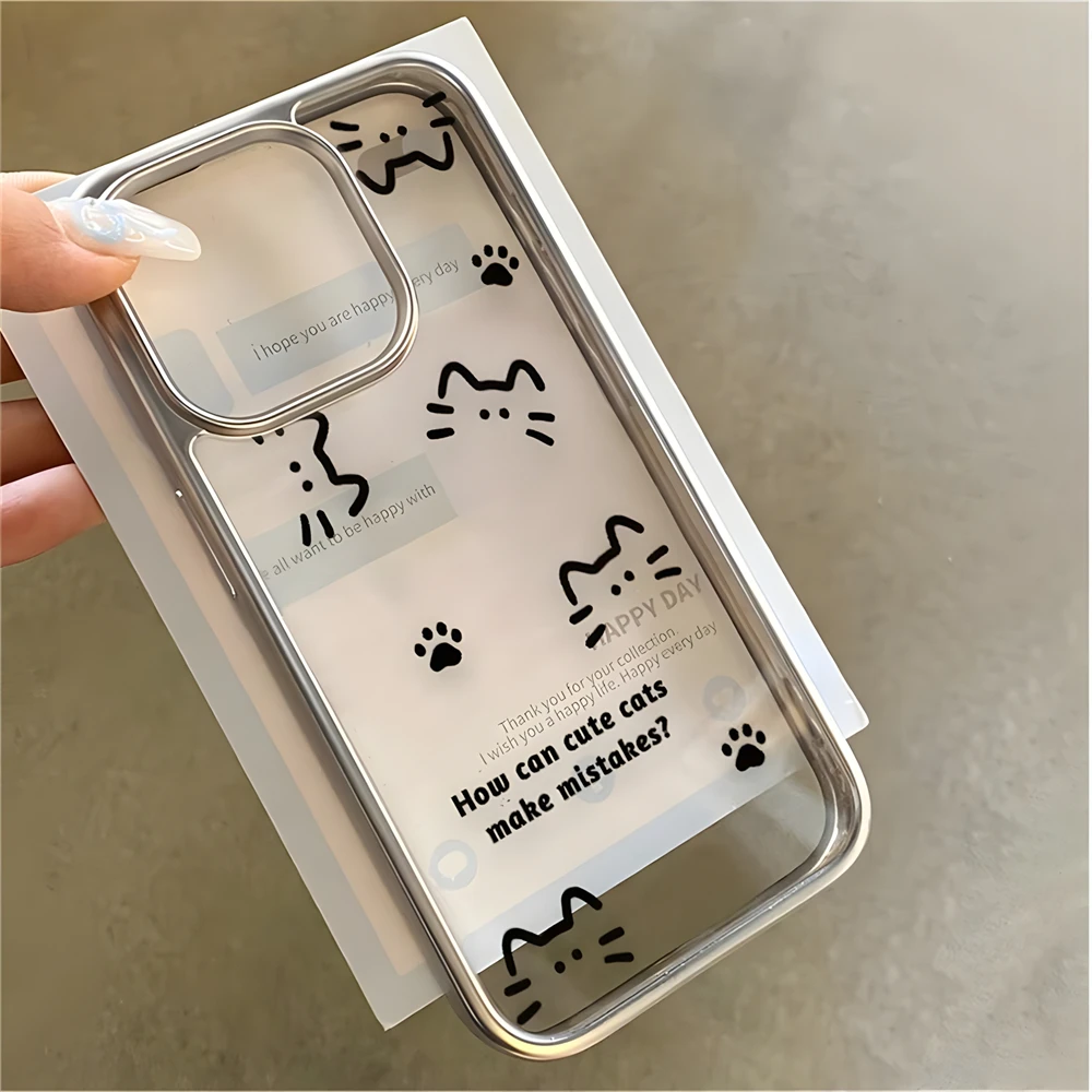 Cute Cartoon Sketchy Cat Clear Case for iPhone 16 11 12 13 14 15 Pro Max XR 8 Plus Electroplated Soft Silicone Shockproof Cover