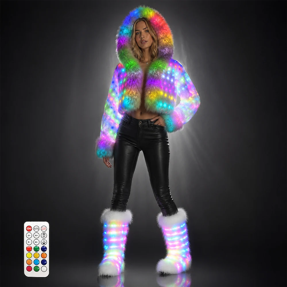 

Women's Fluffy Faux Fur LED Light up Jacket Colorful Glowing Hooded Coat or Coat with Shoes for EDM Festival Party Wear