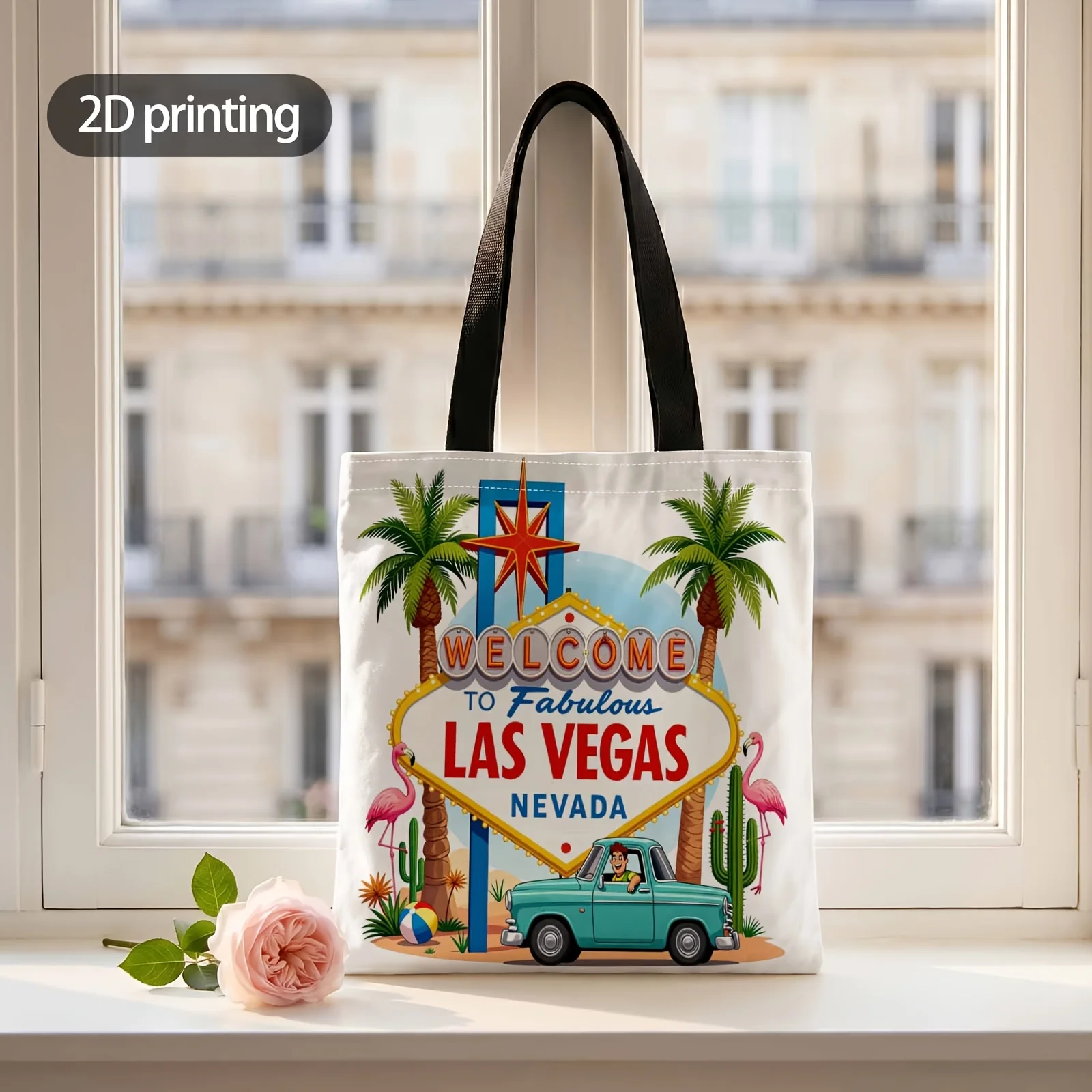 2D Printed Handbag with Welcome to Fabulous Vegas Pattern, Reusable Fashion Shoulder Bag Shopping Tote Bag Suitable for Shopping