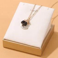 Natural Irregular Stone Moon Charm Necklace Natural Black Tourmaline Pendant Necklace Healing Energy Raw Necklace for Women Men