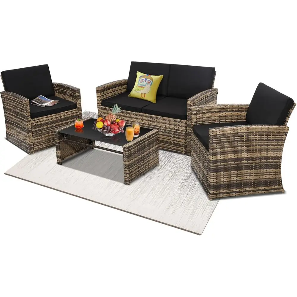 4-Piece Patio urniture Set, Wicker Outdoor Rattan Sectional Soa with Cushions and Glass Table, All-Weather Outdoor Contion Set o