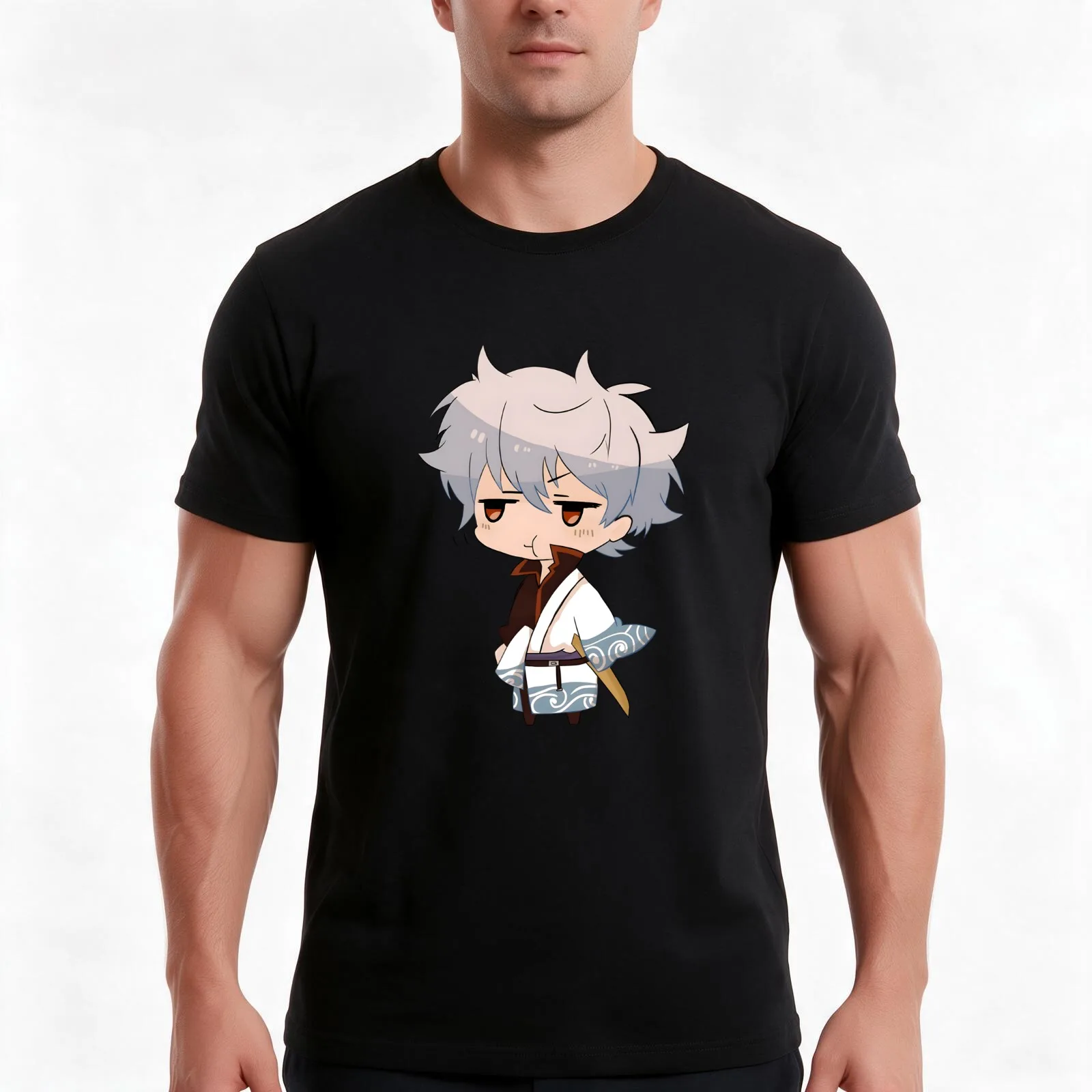 Chibi Gintoki Rain In Space T-Shirt, Summer Casual Cotton Tee, Oversized Streetwear Tops, Vintage Graphic Print, 100% Cotton