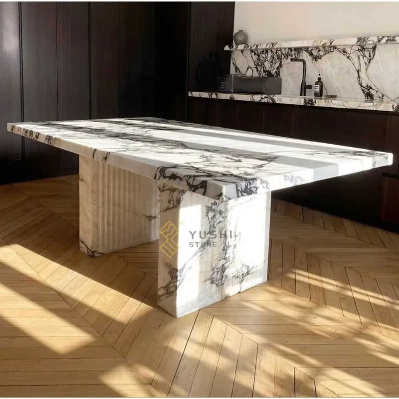 YUSHI Calacatta Viola Marble Dining Table Customizable Natural Stone Rectangle Shape Home Furniture for Villa Hotel