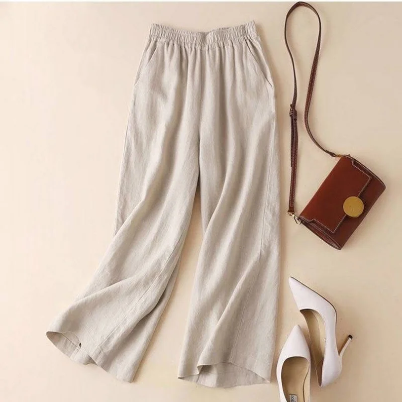 

Cotton and Linen Wide-Leg Pants Female Summer New Linen Women's Pants Thin plus Size Loose Cropped Casual Pants High Waist Strai