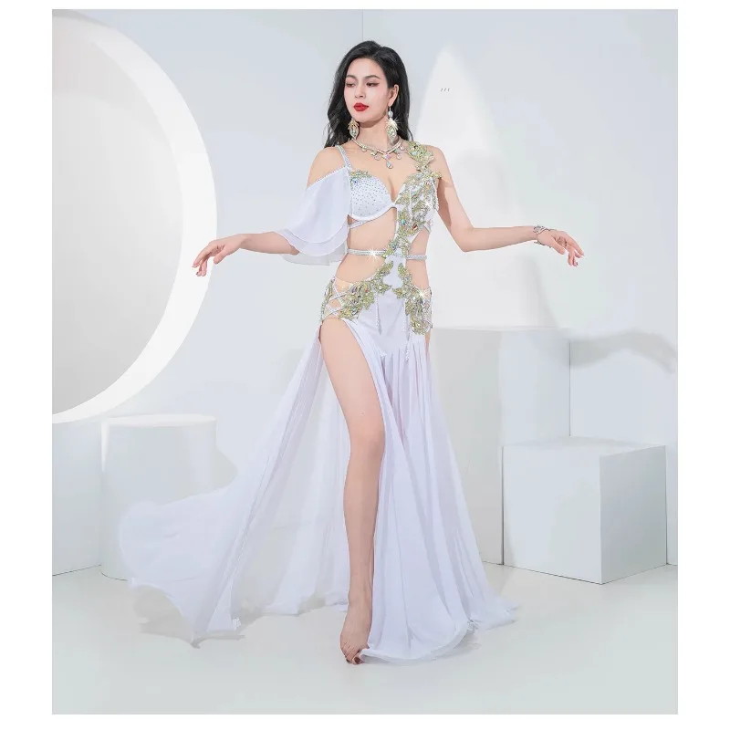 Traje de dança do ventre egípcio dança oriental para concurso feminino conjunto de desempenho popsong strass vestido longo saia chiffon