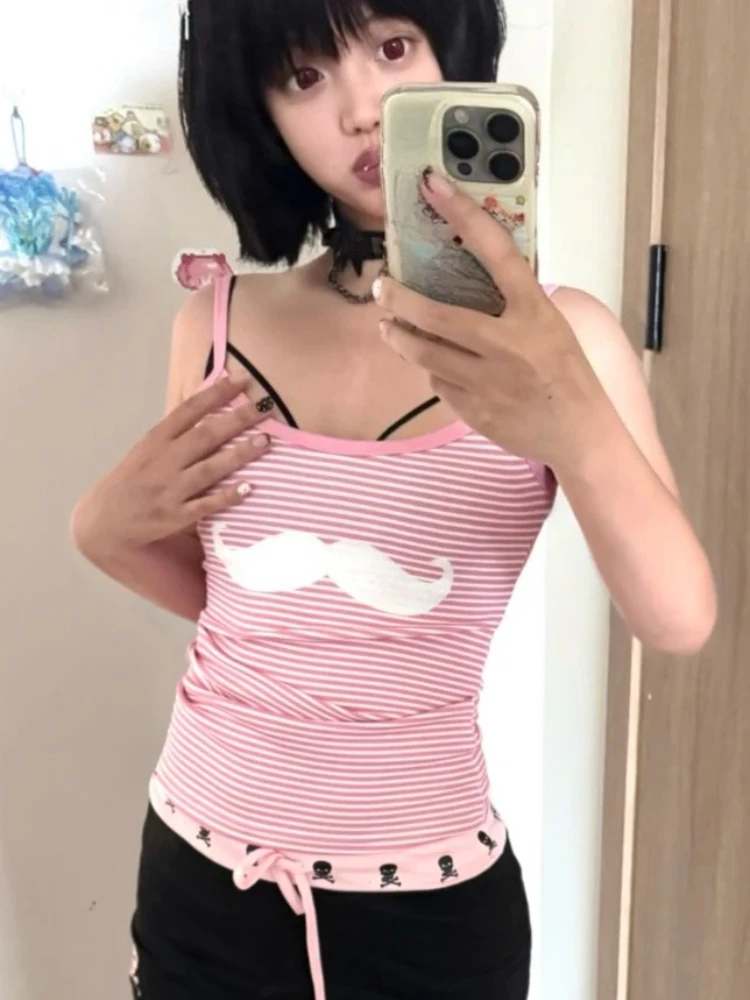 Japanese Women Y2K  Striped Cami Top Moustache Patch Slim Fit Spaghetti Strap Harajuku Vintage Kawaii Tank Top Streetwear