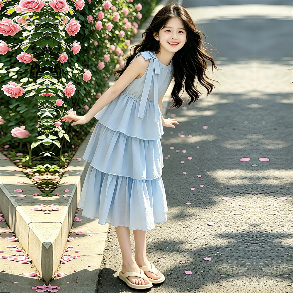 New Summer Kids Children Elegant Long Frilly Tiered Dresses for Girls Casual Blue Daily Clothing School Dress Sweet Streetwear