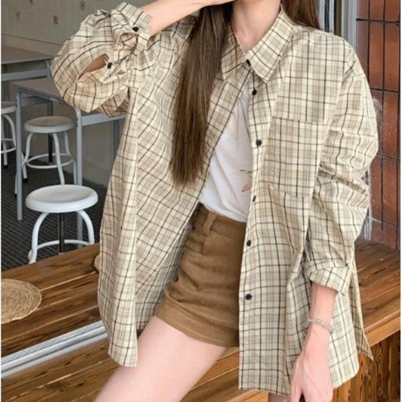 

Fashion Women Cotton Long Sleeve Polo Collar Plaid Shirt Korean Style Versatile Loose Fit Cardigan Top Spring Summer Casual Wear