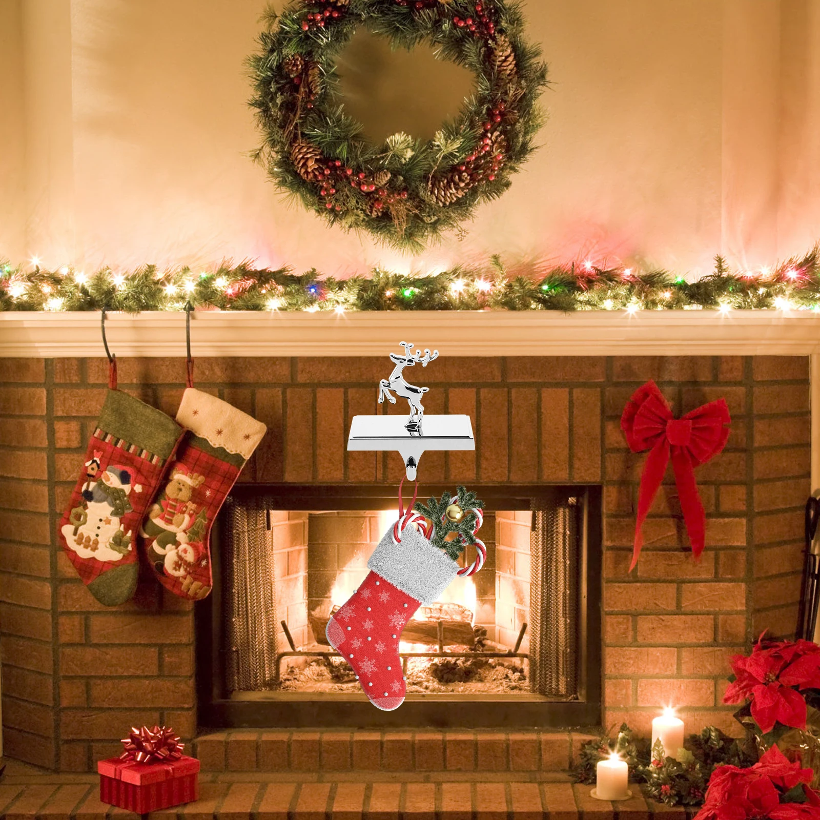 

Christmas Deer Hook Weighted Stocking Hooks Mantel Hangers Holder for Fireplace Rustic Holders Colored Lights