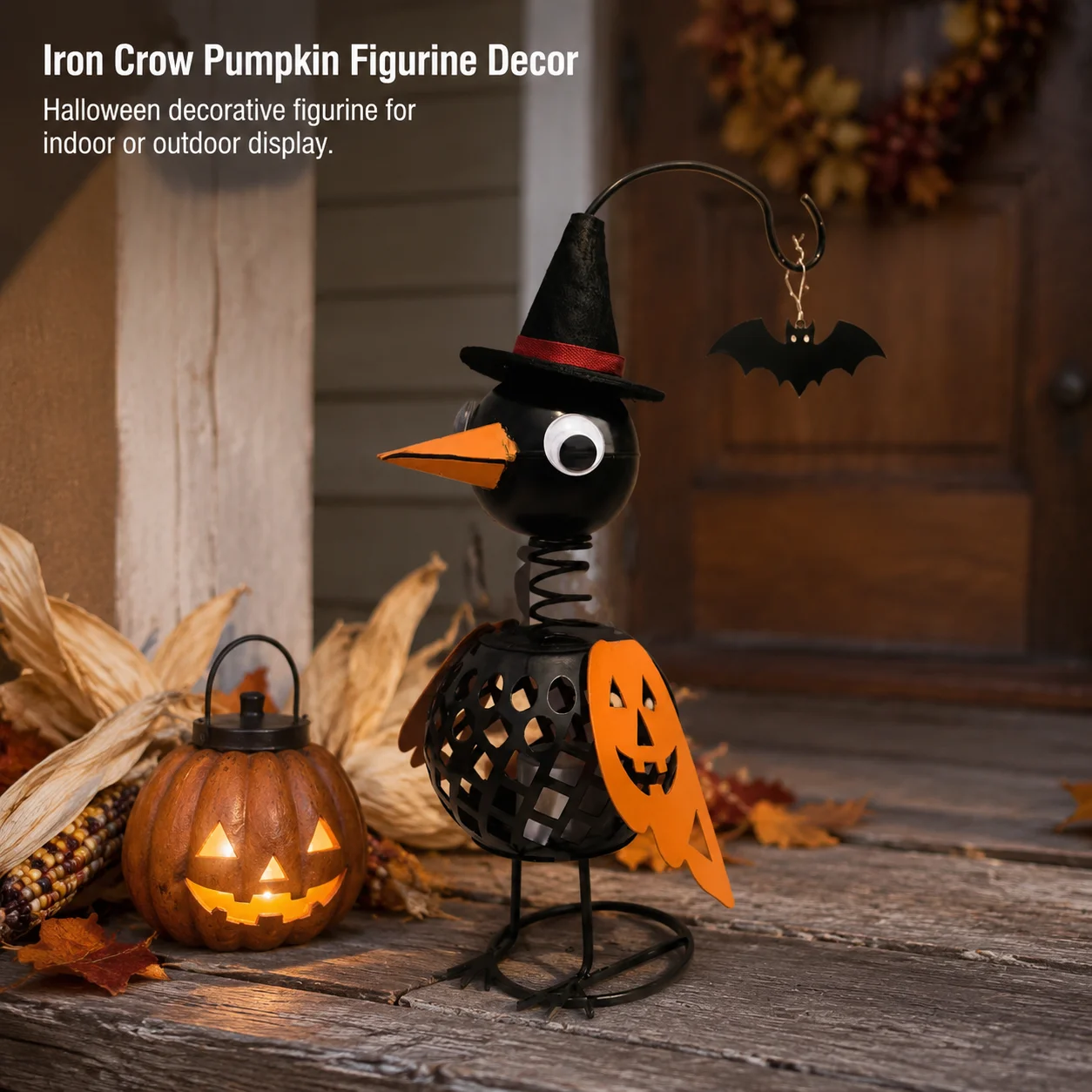 Vintage Crow Pumpkin Figurine Wrought Iron Halloween Candle Holder Ornament for Outdoor Yard Porch Party Tabletop Decorations