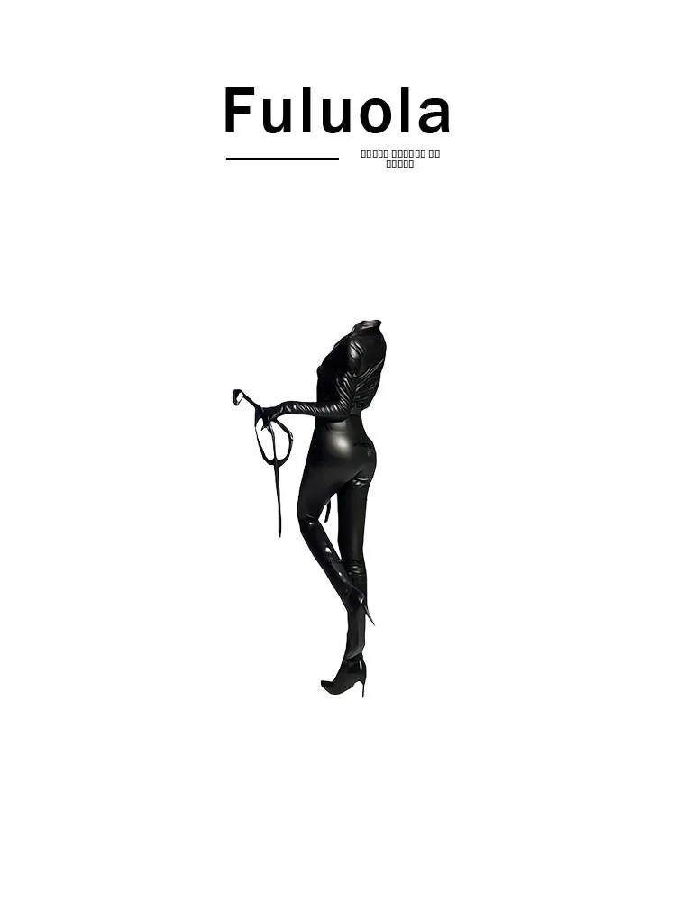 

Fuluola2025 New High Waist Bla PU Leather Jumpsuit Sexy Street Sle ort Pants Low Waist Design for Trendy Women