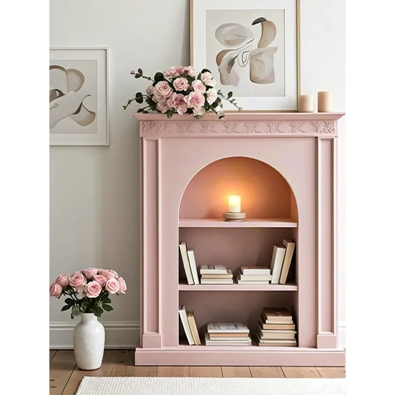 New fireplace cabinet, French cream style all solid wood pink porch cabinet, household living room decorative cabinet,