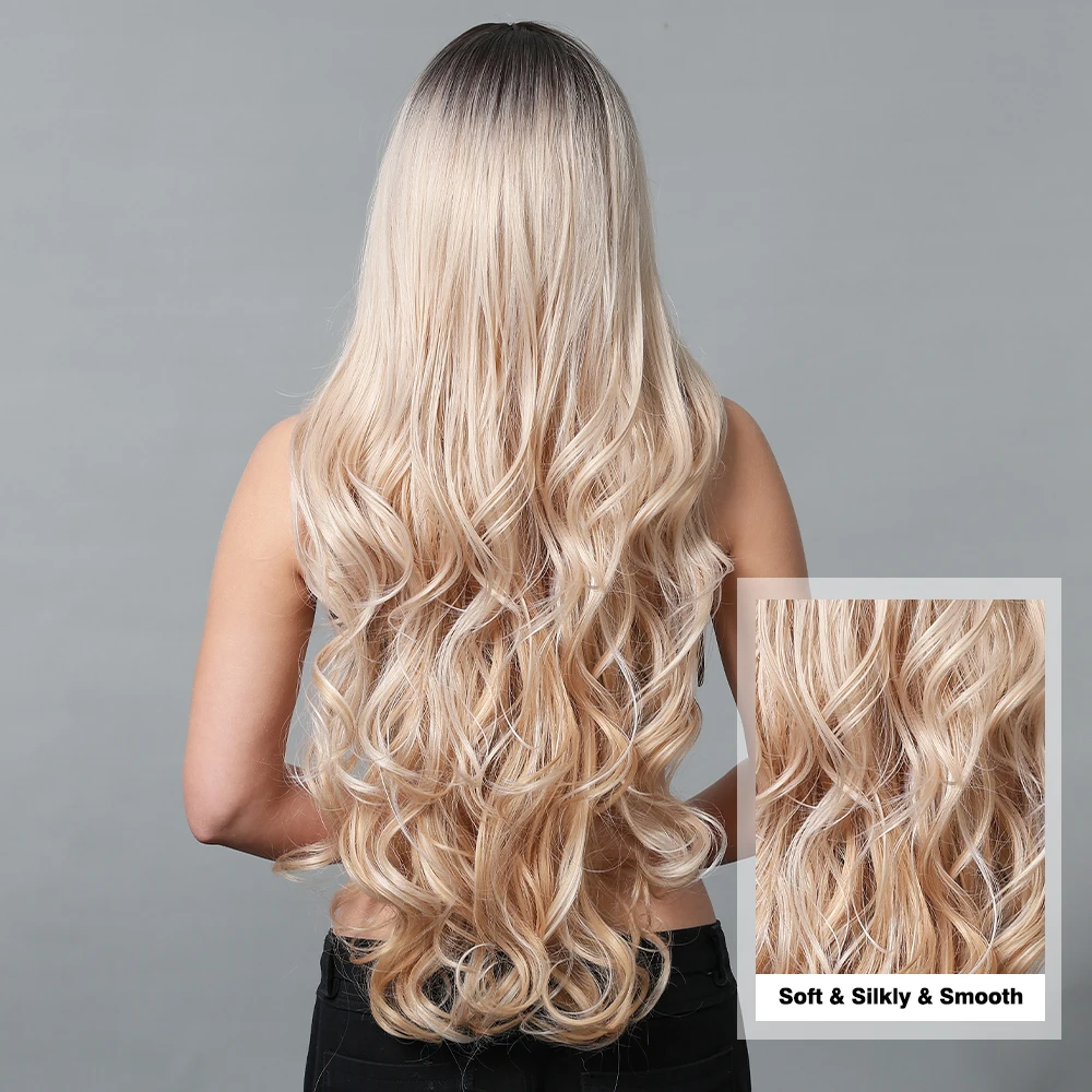 ALAN EATON Blonde Highlight Long Synthetic Wig Natural Ombre Mixed Blonde Wig Wavy Wig with Bangs Heat Resistant Daily Use Fiber