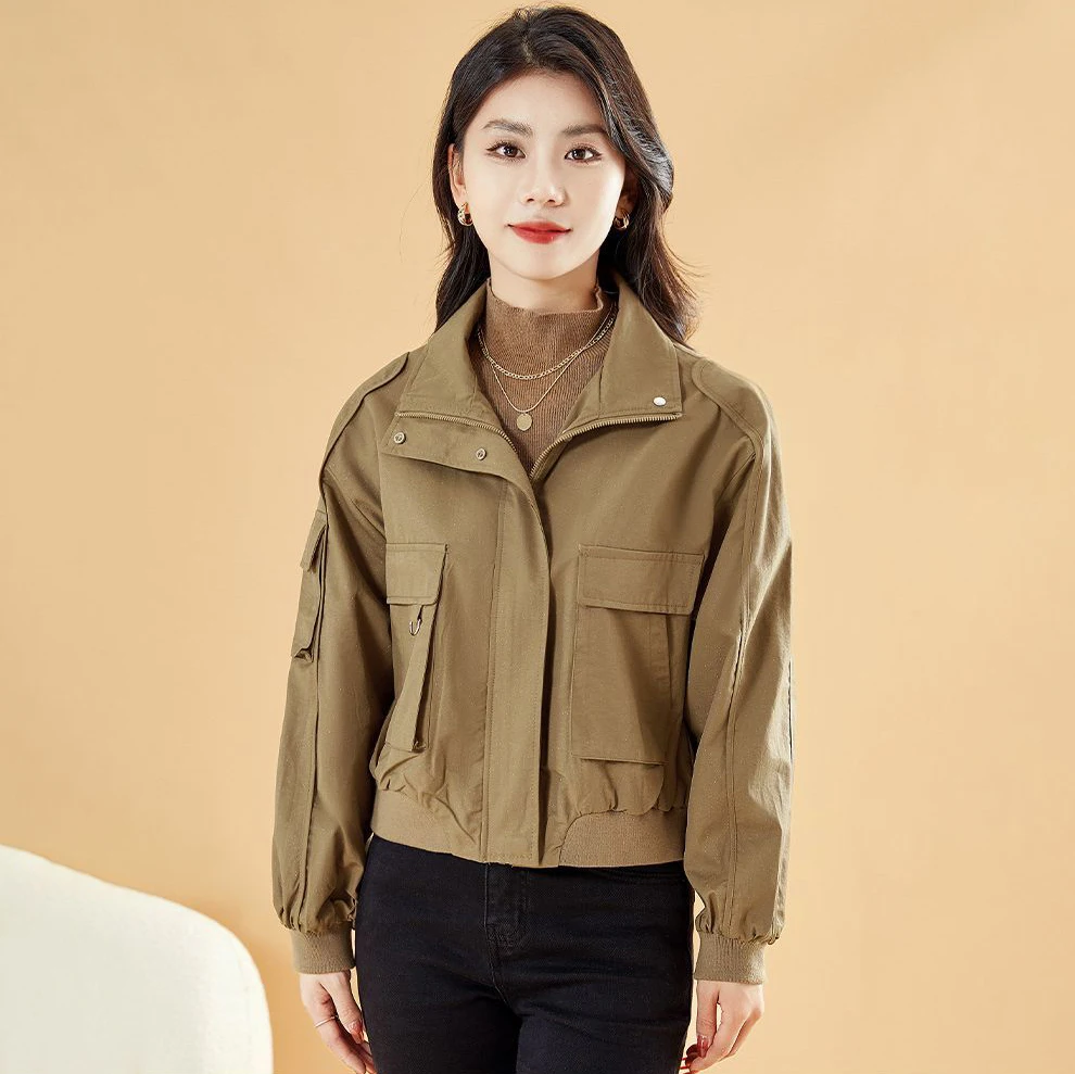 Leisure Jacket Women Zip‑Up Multi Utility Pockets Rib Cuff Loose Casual Military‑Style Short Windbreaker Autumn Street Outerwear